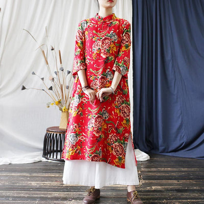 Mythstone Red Blue Peony Midi Dress Half Sleeve Cotton Linen Dress Wide Leg Pants With Pockets