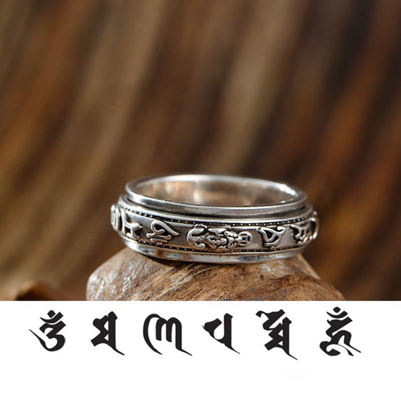 Mythstone Tibetan Om Mani Padme Hum PiXiu Engraved Wealth Luck Rotatable Ring