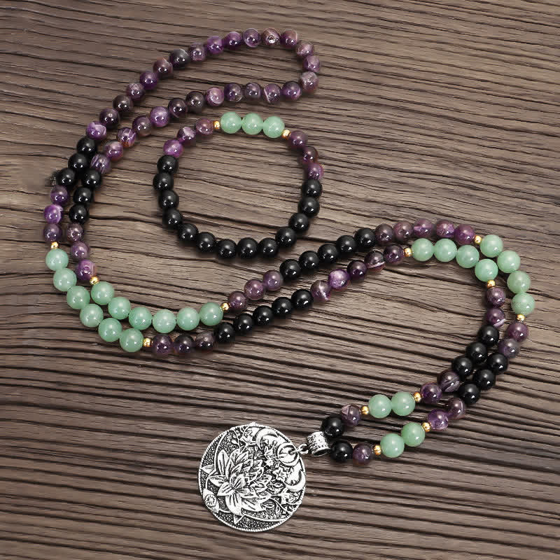 Mythstone 108 Mala Beads Amethyst Green Aventurine Lotus Meditation Bracelet