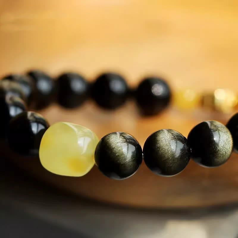 Mythstone 925 Sterling Silver Chinese Zodiac Natal Buddha Natural Gold Sheen Obsidian Amber Wealth Protection Bracelet