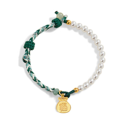 Mythstone 925 Sterling Silver Fu Character Lucky Bag Pearl Hetian Jade Wisdom Rope Bracelet