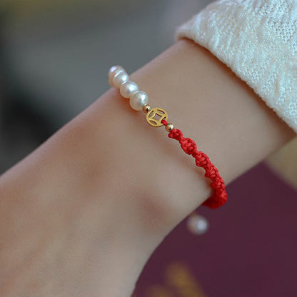 Mythstone 14K Gold Plated Pearl Bead Luck Protection Braid Red String Bracelet