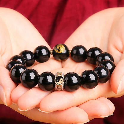 Mythstone 925 Sterling Silver Black Obsidian Gold Sheen Obsidian Silver Sheen Obsidian Yin Yang Protection Bracelet