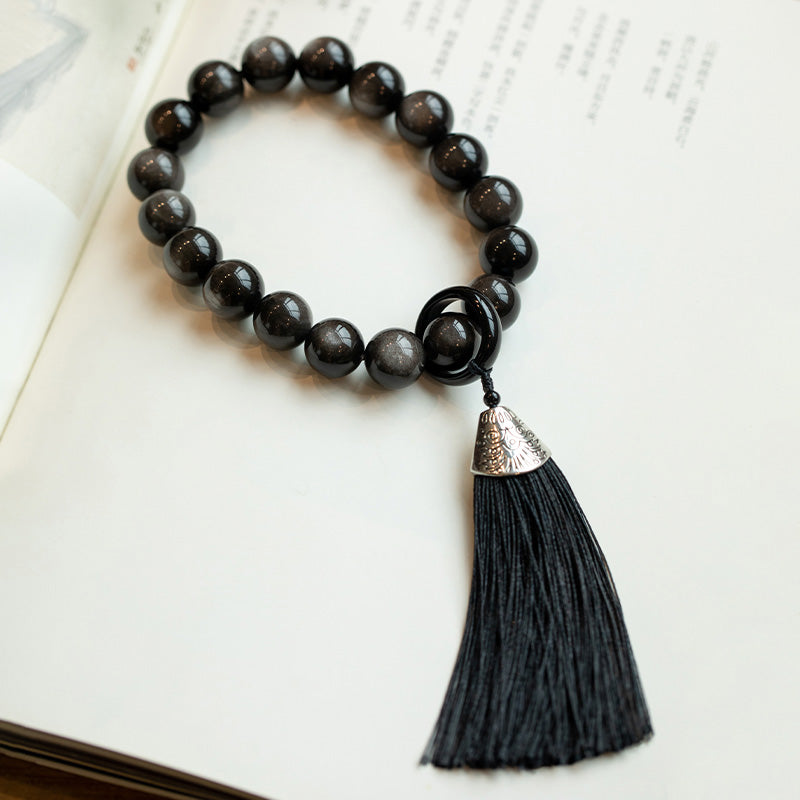 Mythstone Natural Silver Sheen Obsidian Black Obsidian Lion Wrist Mala Protection Tassels Pocket Mala Car Decoration