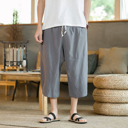 Mythstone Solid Color Mid-Length Wide Leg Pants Cotton Men's Wide Leg Pants With Pockets