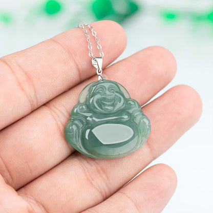 Mythstone 925 Sterling Silver Laughing Buddha Jade Protection Calm Necklace Chain Pendant