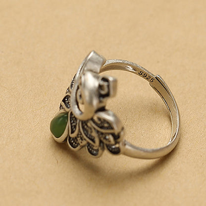 Mythstone 925 Sterling Silver Peacock Hetian Cyan Jade Fortune Adjustable Ring