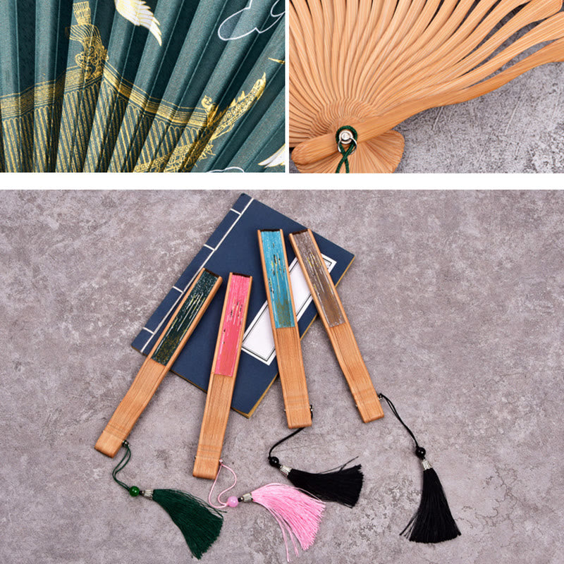 Mythstone Vintage Cloud Crane Pattern Handheld Bamboo Folding Fan