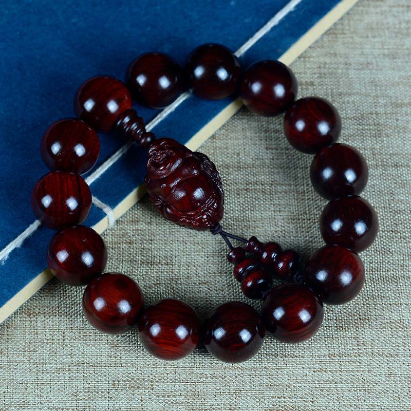 Mythstone Small Leaf Red Sandalwood Laughing Buddha God of Wealth Protection Bracelet