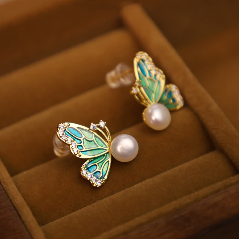 Mythstone 925 Sterling Silver Posts 18K Gold Plated Copper Natural Pearl Butterfly Healing Stud Earrings