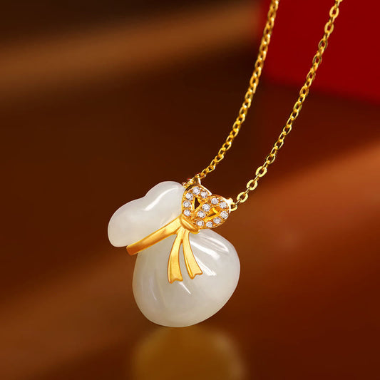 Mythstone Natural Hetian White Jade Luck Money Bag Necklace Pendant