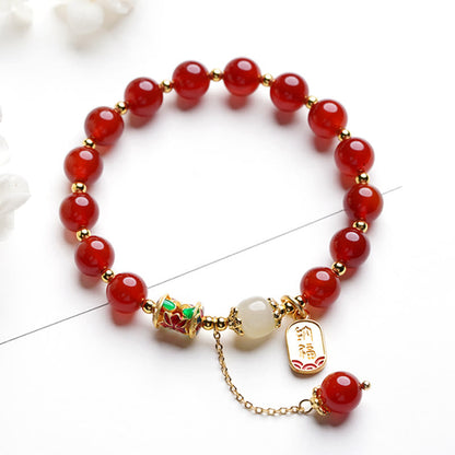 Mythstone Natural Red Agate Hetian Jade Fu Character Confidence Charm Bracelet