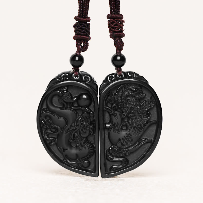 Mythstone Black Obsidian Love Dragon Phoenix Protection Necklace Pendant