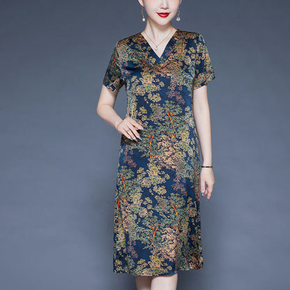 Mythstone V-Neck Tree Leaves Short Sleeve Midi Dress With Pockets