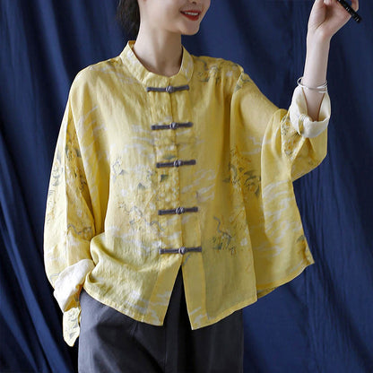 Mythstone Yellow Phoenix Print Frog-button Design Long Sleeve Ramie Linen Jacket Shirt