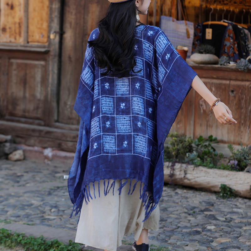 Mythstone Blue Color Block Plaid Shawl Tassels Soft Pullover 90*95cm