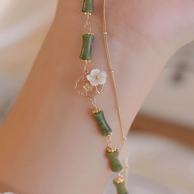 Mythstone 14k Gold Plated Copper Peridot Bamboo Flower Wealth Double Layer Bracelet