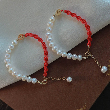 Mythstone 14K Gold Plated Pearl Bead Luck Protection Braid Red String Bracelet