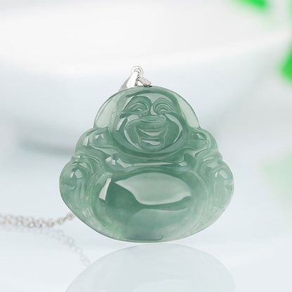 Mythstone 925 Sterling Silver Laughing Buddha Jade Protection Calm Necklace Chain Pendant