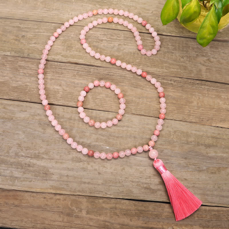 Mythstone 108 Mala Beads Pink Crystal Love Tassel Bracelet