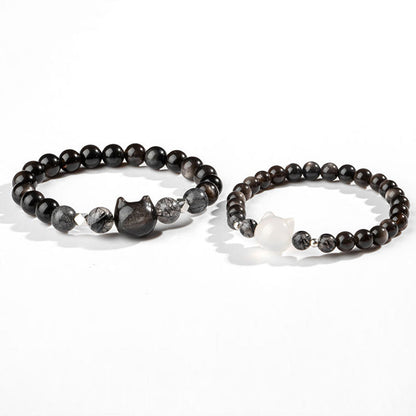 Pulsera protectora con cabeza de gato adorable de obsidiana con brillo plateado natural Mythstone 