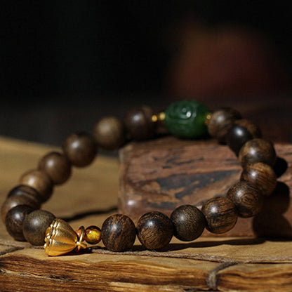 Mythstone 999 Gold Brunei Agarwood Cyan Jade Lotus Flower Peace Strength Bracelet