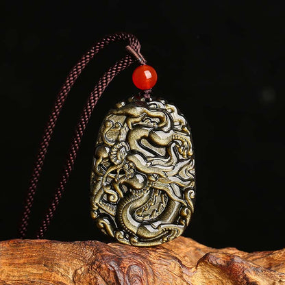 Mythstone Gold Sheen Obsidian Dragon Pattern Success Necklace Pendant