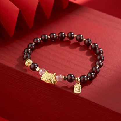 Mythstone Year of the Dragon Dumpling Natural Red Agate Garnet Hetian Jade Fu Character Luck Success Bracelet