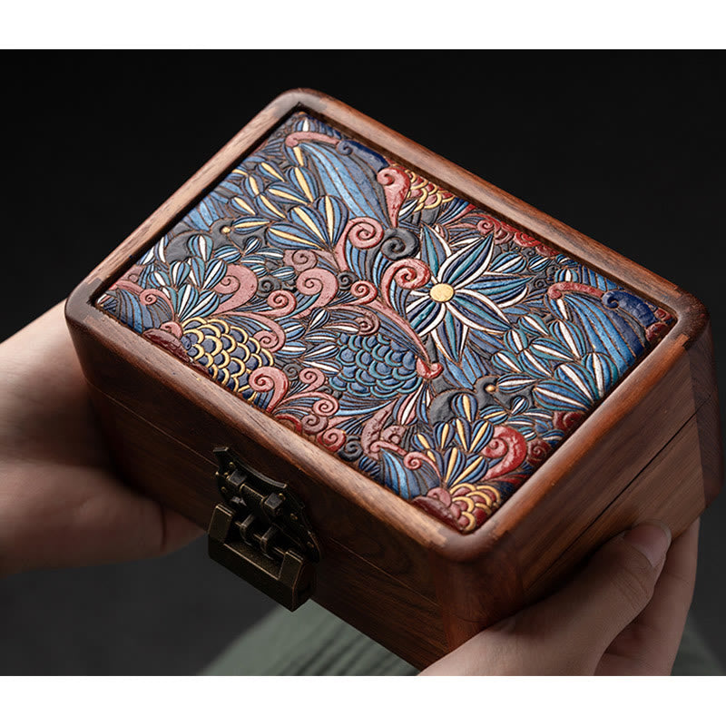 Mythstone Retro Handmade Floral Pattern Rosewood Jewelry Storage Box Lockable Wooden Gift Organizer Box