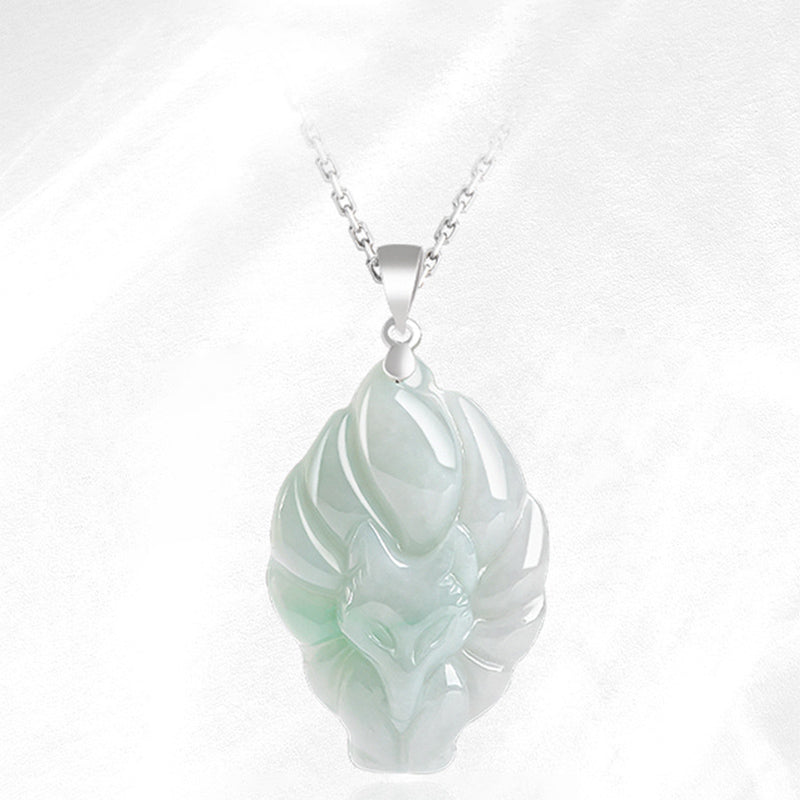 Mythstone 925 Sterling Silver Natural Jade Nine Tailed Fox Prosperity Necklace Pendant