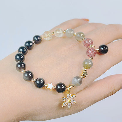 Pulsera de protección con forma de corazón, estrella y flor de obsidiana con brillo de plata natural Mythstone