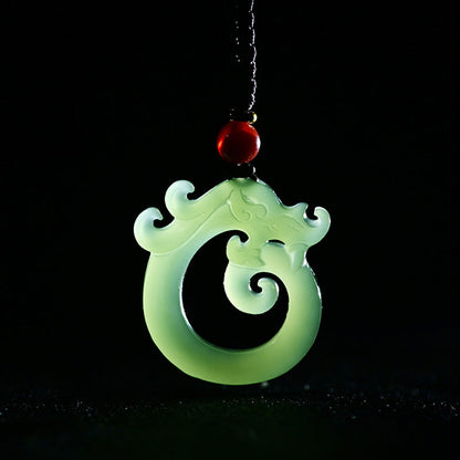 Mythstone White Jade Cyan Jade Dragon Protection Necklace String Pendant