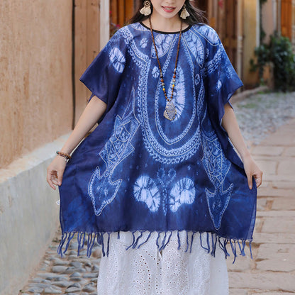 Mythstone Blue Geometry Batik Shawl Tassels Cozy Travel Pullover 90*95cm