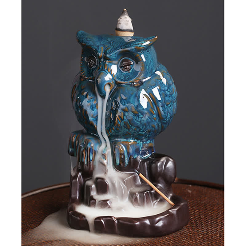 Mythstone Cute Owl Ceramic Backflow Smoke Fountain Meditation Healing Incense Burner Decoration