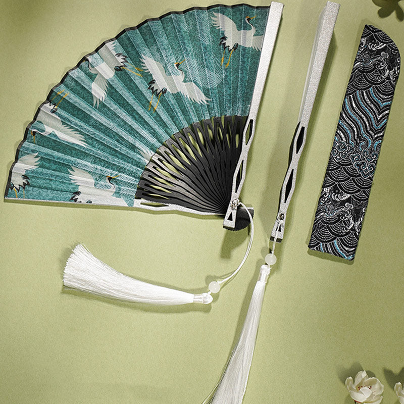 Mythstone Vintage Blue White Crane Pattern Handheld Silk Bamboo Folding Fan