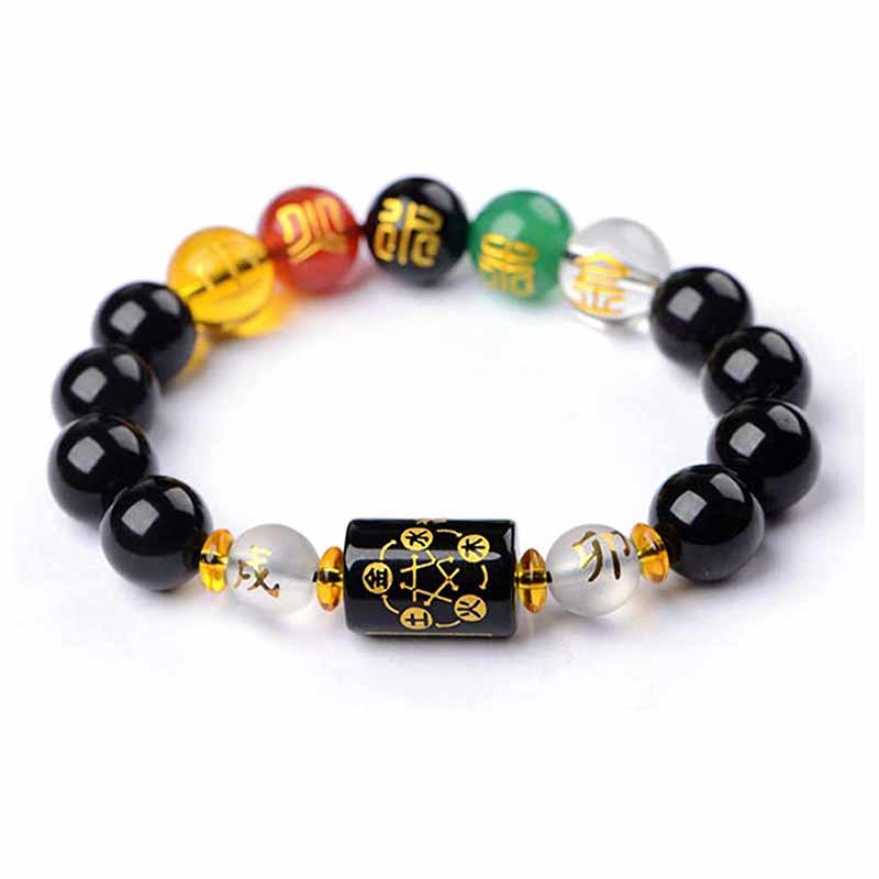 Pulsera de obsidiana con cinco elementos de la prosperidad y la riqueza según el feng shui del zodiaco chino