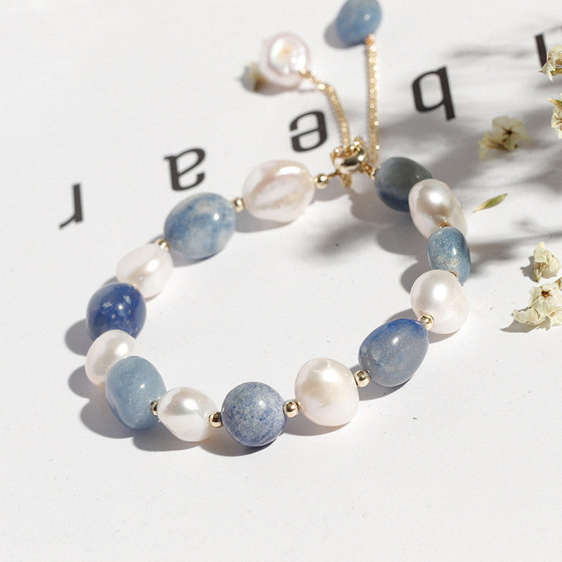 Mythstone Natural Blue Aventurine Crystal Pearl Bead Healing Bracelet