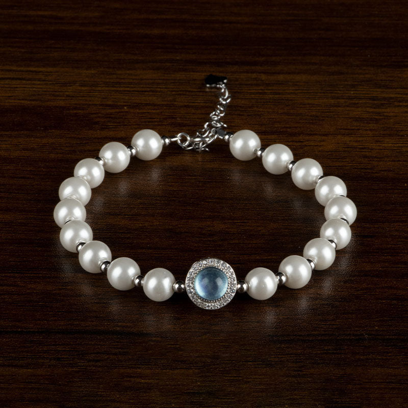 Mythstone 925 Sterling Silver Pearl Blue Chalcedony Healing Chain Bracelet Ring