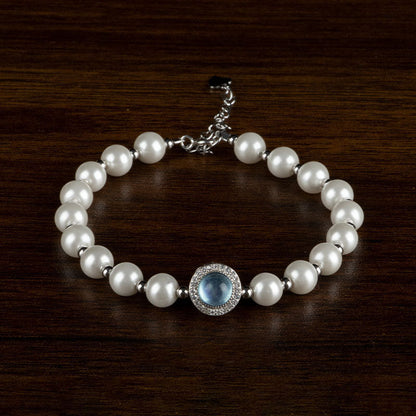 Mythstone 925 Sterling Silver Pearl Blue Chalcedony Healing Chain Bracelet Ring