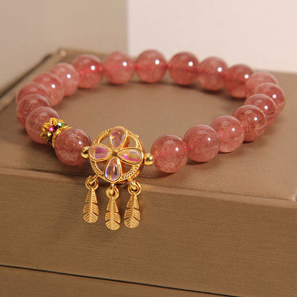 Mythstone Natural Strawberry Quartz Four Leaf Clover Dreamcatcher Charm Love Bracelet