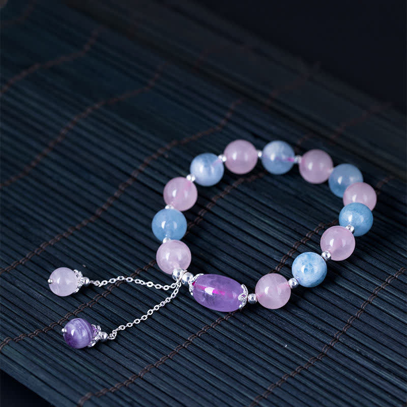 Mythstone 925 Sterling Silver Natural Crystal Purple Mica Stone Aquamarine Amethyst Healing Bracelet