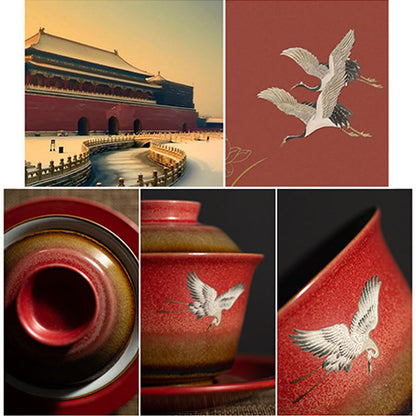 Mythstone Red Auspicious Crane Ceramic Gaiwan Sancai Teacup Kung Fu Tea Cup And Saucer With Lid