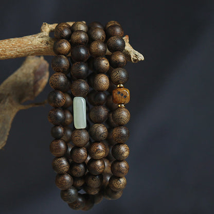 MythStone 108 Mala Beads Brunei Agarwood Hetian Jade Yak Bone Strength Balance Bracelet