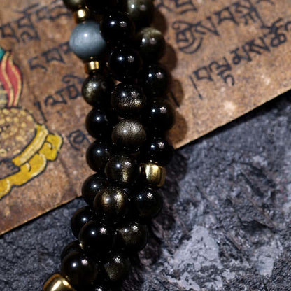 Mythstone 108 Mala Beads Gold Sheen Obsidian Tiger Eye Eagle's Eye Stone Wealth Bracelet