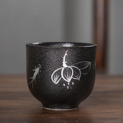 Mythstone Hand Painted Lotus Flower Bamboo Chrysanthemum Black Pottery Ceramic Teacup Kung Fu Tea Cup 95ml