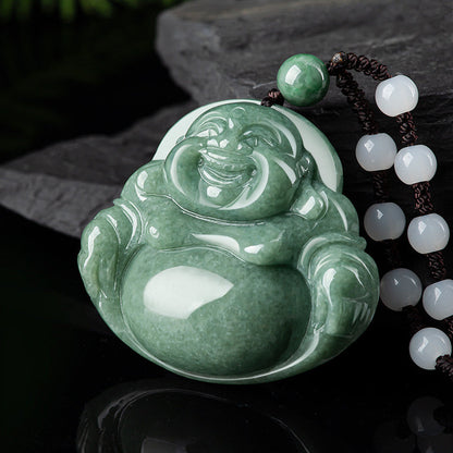 Mythstone Laughing Buddha Cyan Jade Harmony Necklace String Bead Pendant