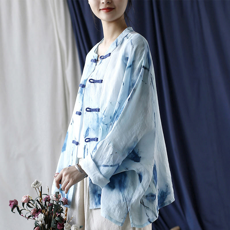 Mythstone Tie Dye Blue Flowers Frog-Button Design Long Sleeve Ramie Linen Jacket Shirt