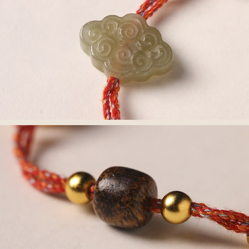 Mythstone Handmade Auspicious Clouds Hetian Jade Fu Character Luck Fortune Rope Bracelet