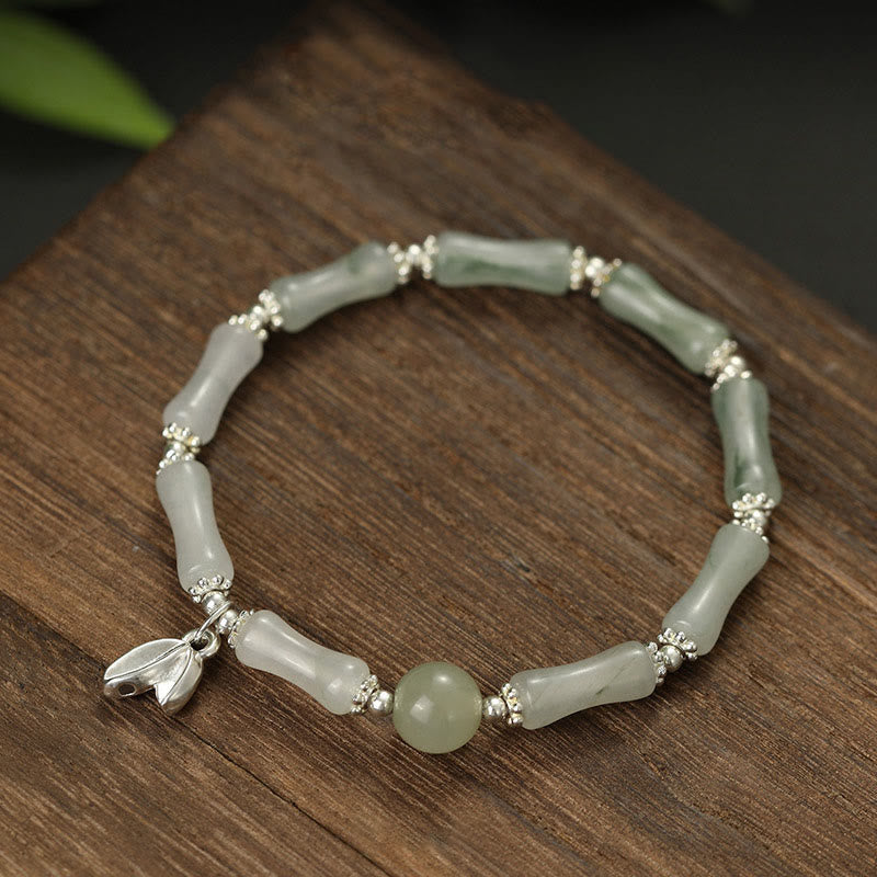 Pulsera de plata de ley 925 con amuleto de la suerte de bambú y jade Tianshan natural de Mythstone 