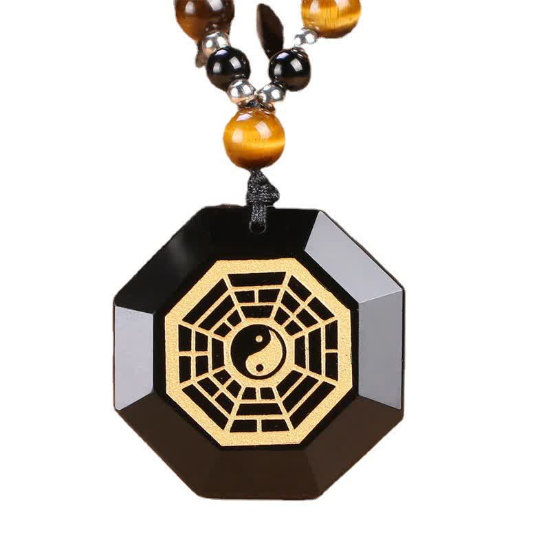 Mythstone Bagua Yin Yang Black Obsidian Purification Beaded Necklace Pendant